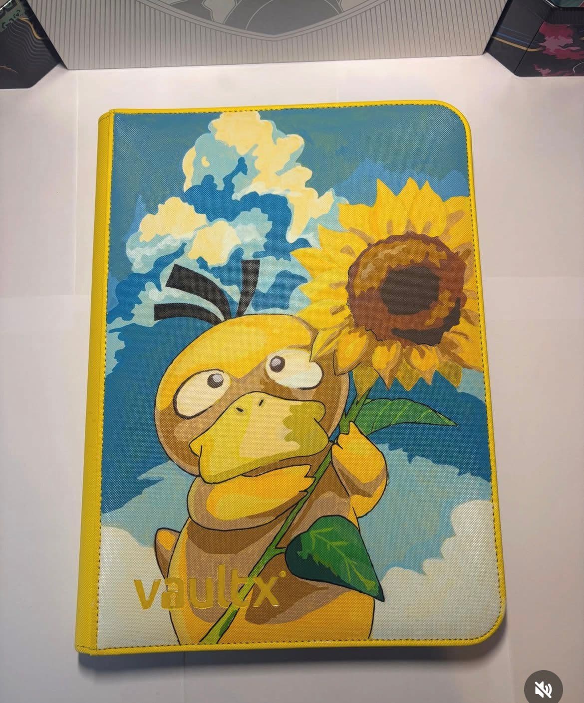 Custom Psyduck binder holding a sunflower in a Van Gogh style