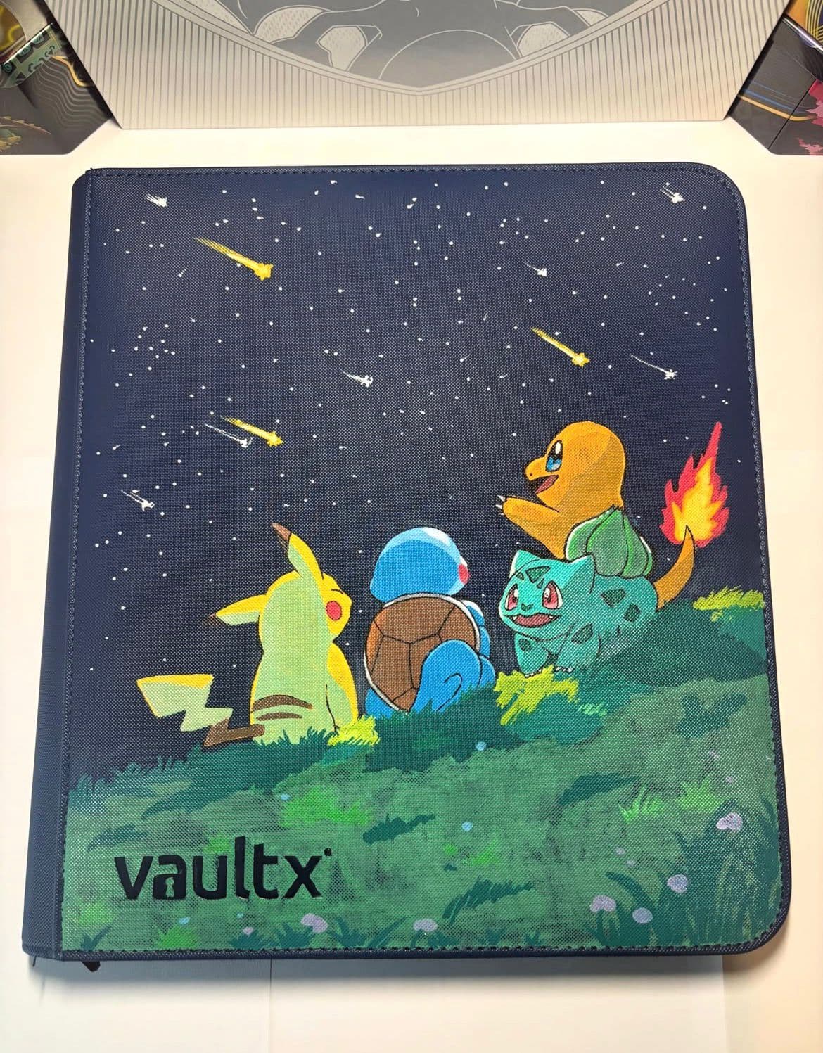 Custom binder with Pikachu and the Kanto starters watching a meteor shower